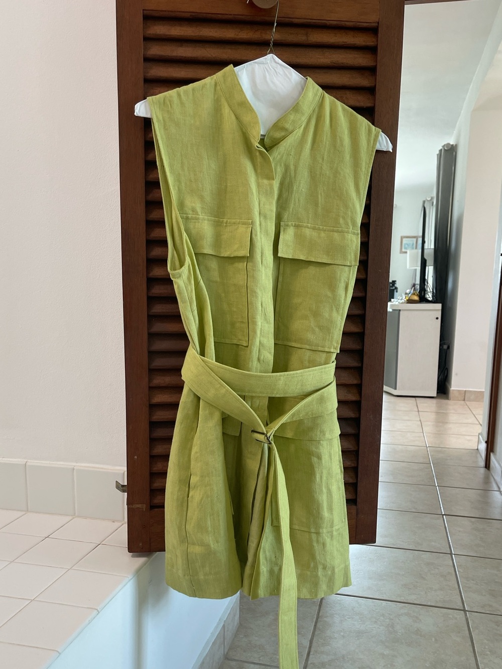 Bondi Born Sleeveless linen mini Dress in Lime Green